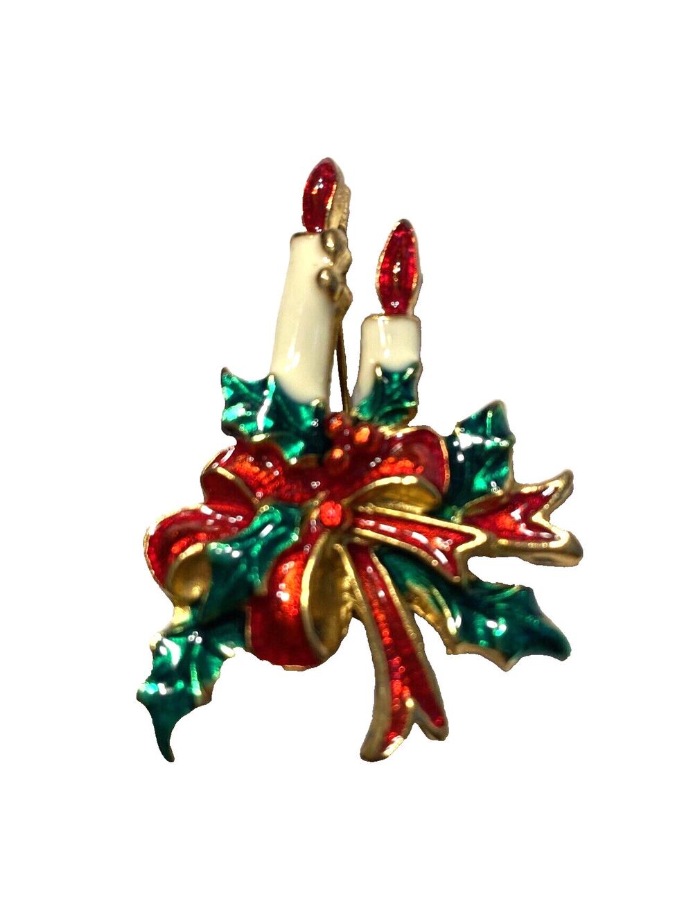 Vintage Christmas Candles Brooch Colorful Enamel Festive Goldtone Red Green Pin